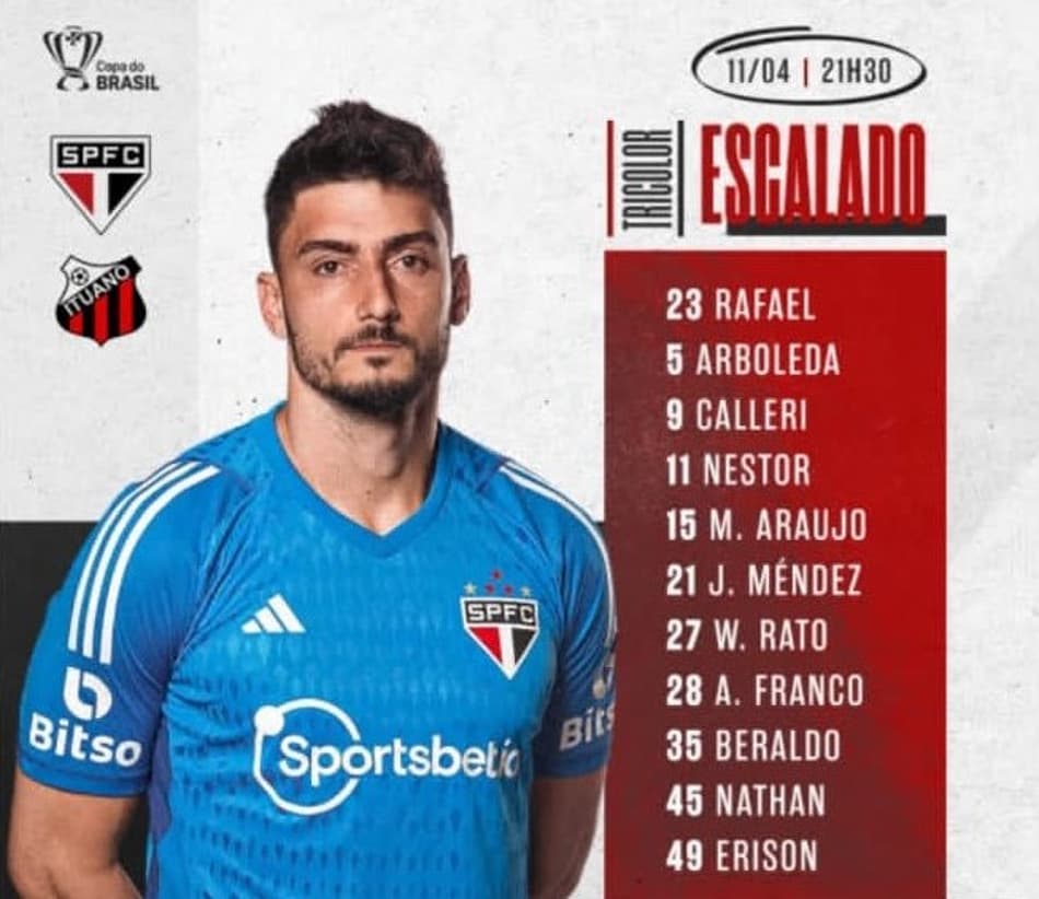 Com Diego Costa no banco e Calleri de volta, São Paulo está escalado para jogo contra o Ituano; saiba onde assistir